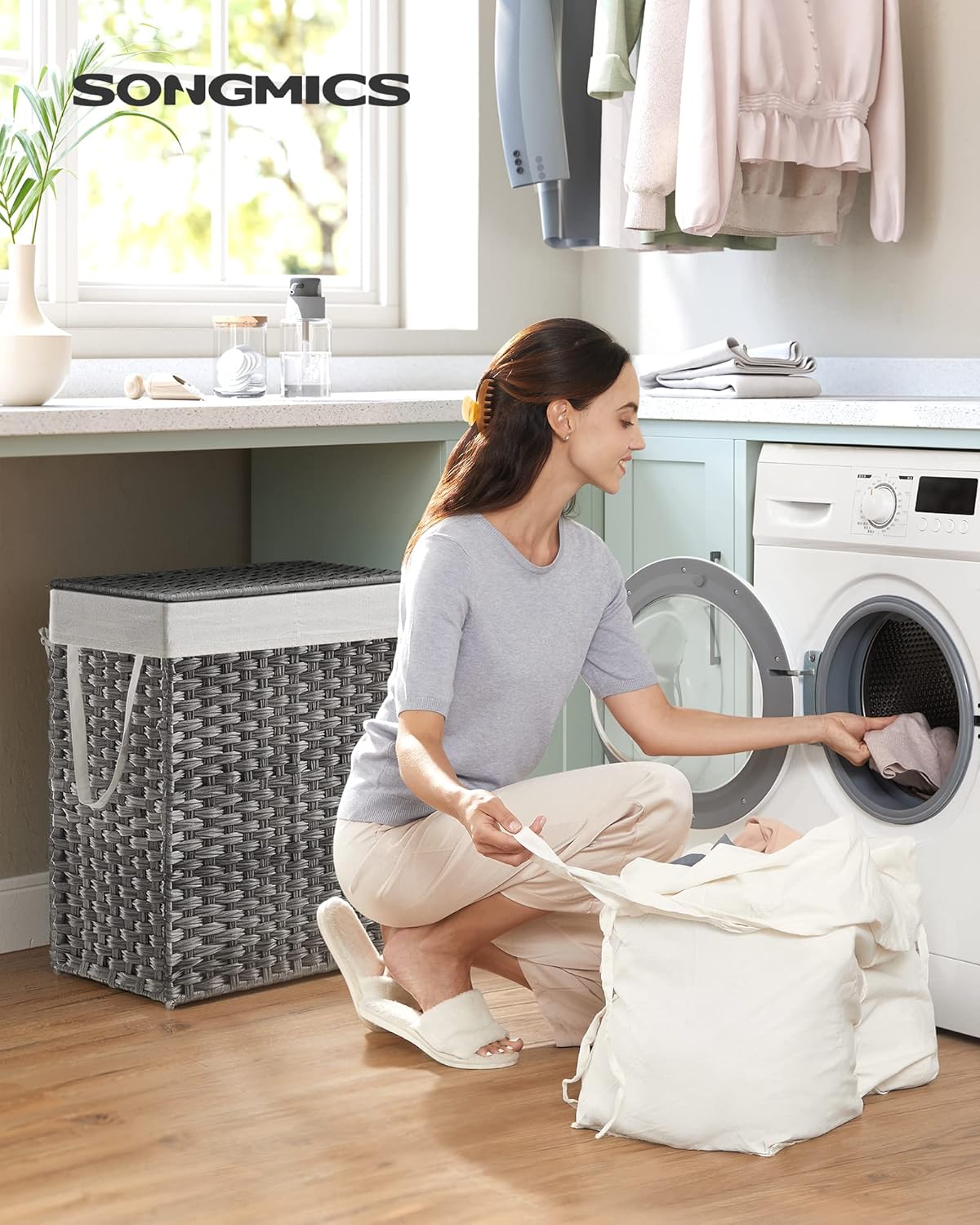 SONGMICS Laundry Hamper with Lid, 90L Clothes Hamper with 2 Removable Liner Bags, 6 Mesh Bags