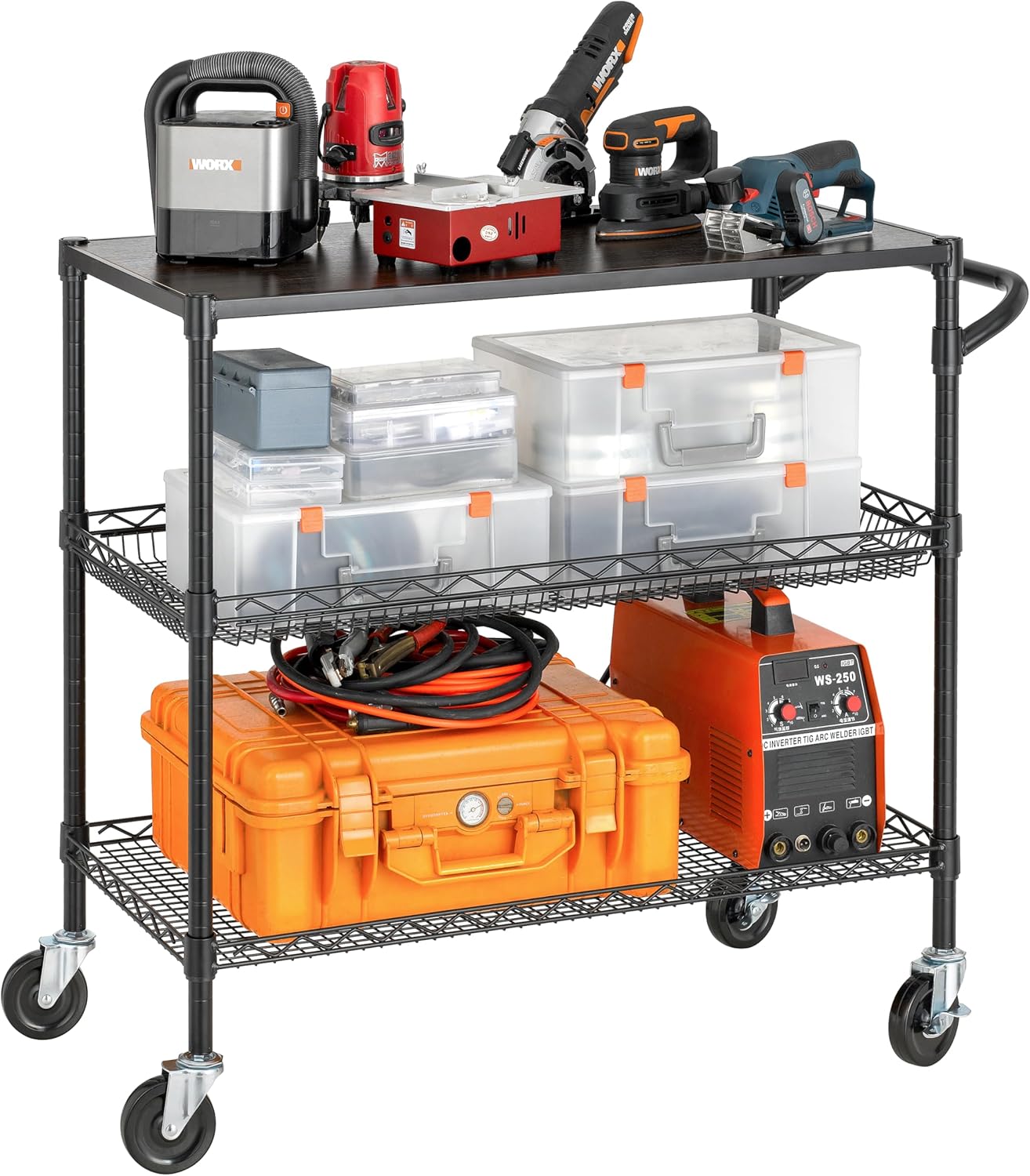 Finnhomy 3 Tier Heavy Duty Commercial Grade Utility Cart with Wood Top, Wire Rolling Cart with