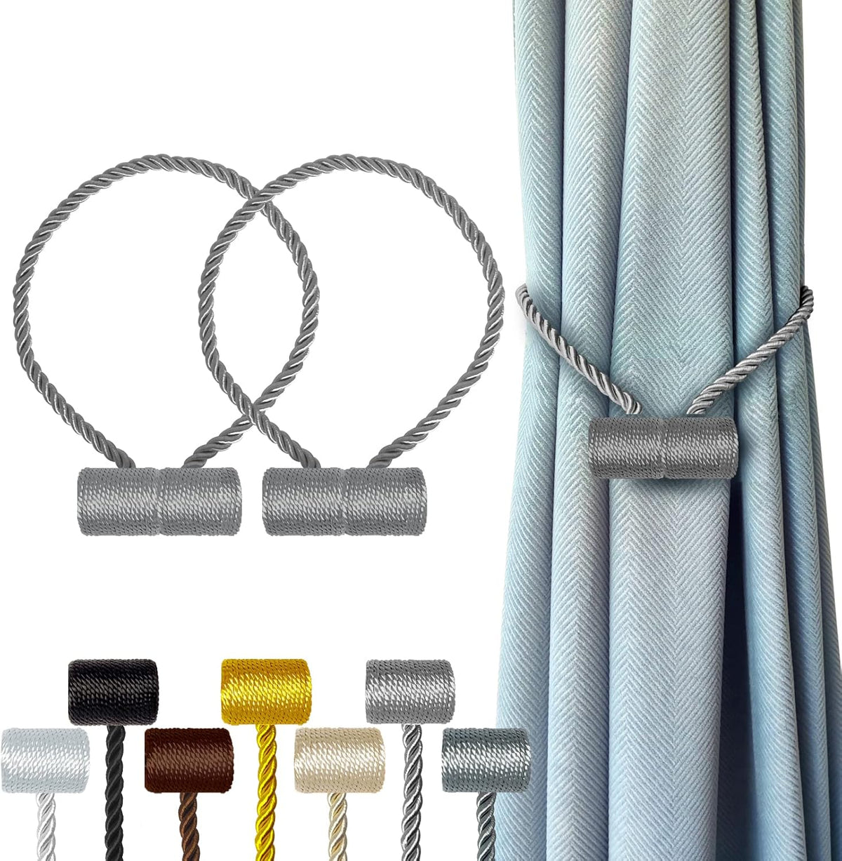 Hion Magnetic Curtain Tiebacks Grey 2pcs, Curtain Tiebacks Buckles Holdbacks Holders Hooks Clip for