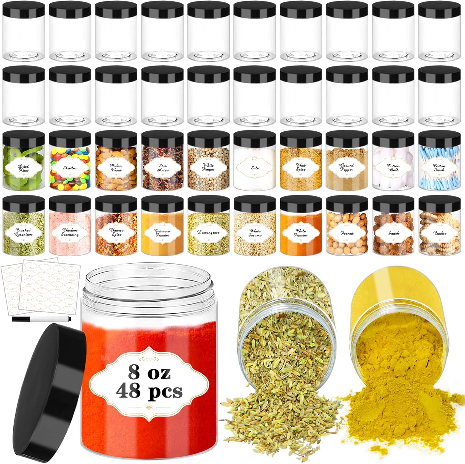 8 OZ Plastic Jars with Lids, Slime Containers with Lids 48 Pcs Airtight Round Plastic Storage Jars