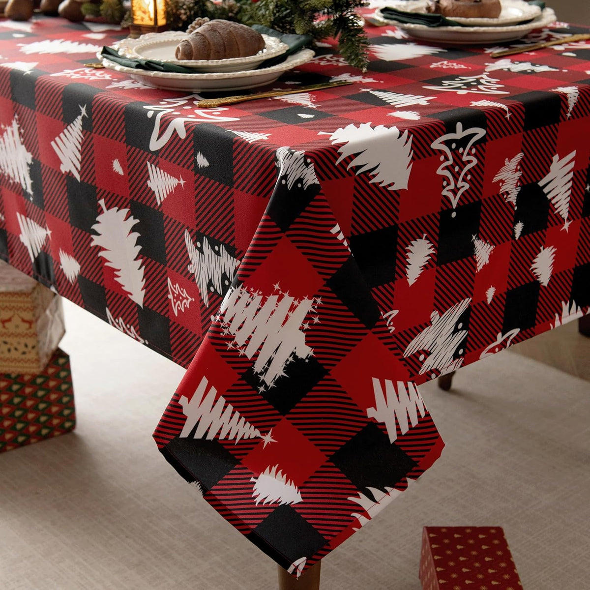 Waterproof Checkered Tablecloth Fabric - Rectangle 58x84 Inch Christmas Tree Table Cloth for