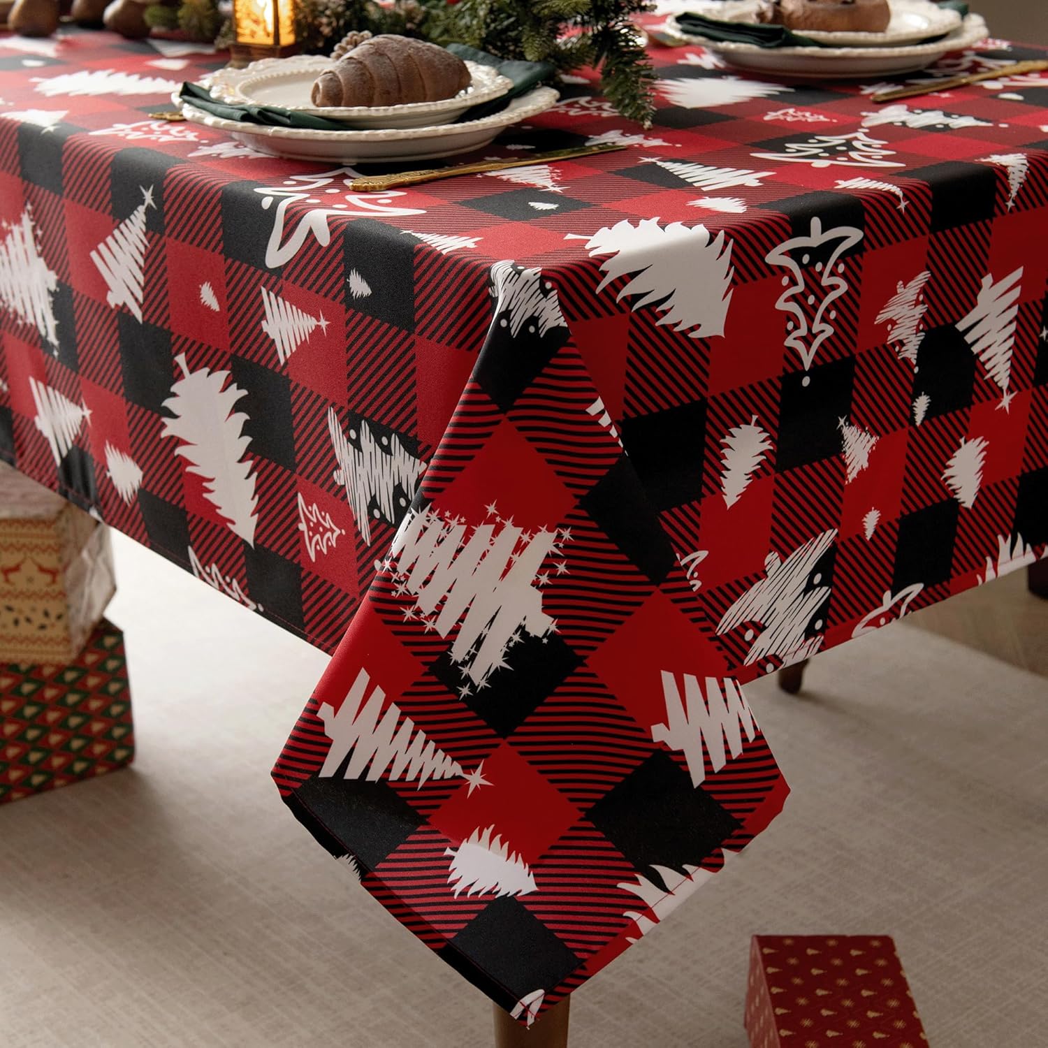 Waterproof Checkered Tablecloth Fabric - Rectangle 58x84 Inch Christmas Tree Table Cloth for