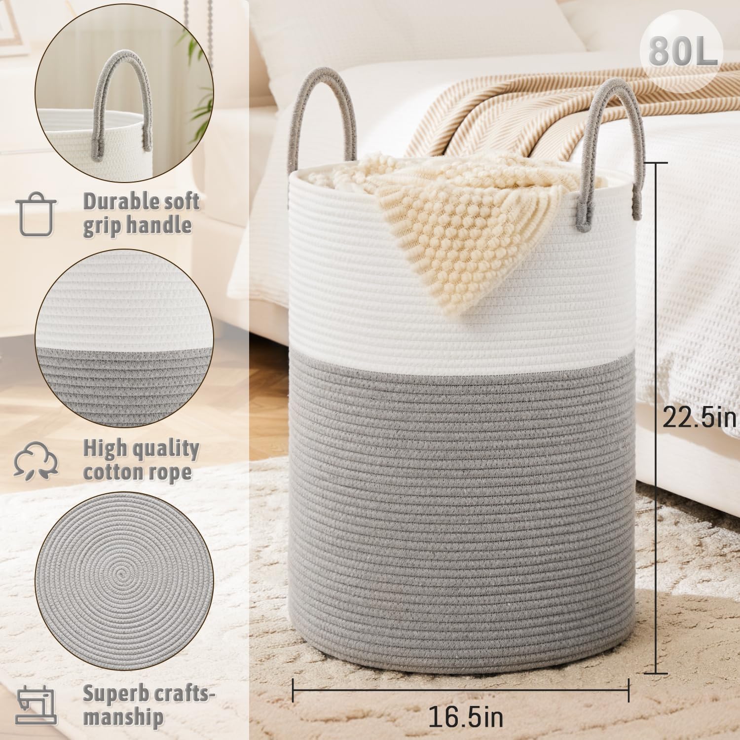 Laundry Basket,Woven Cotton Rope Laundry Hamper,80L for Decorative Storage of Dirty Clothes,Toys
