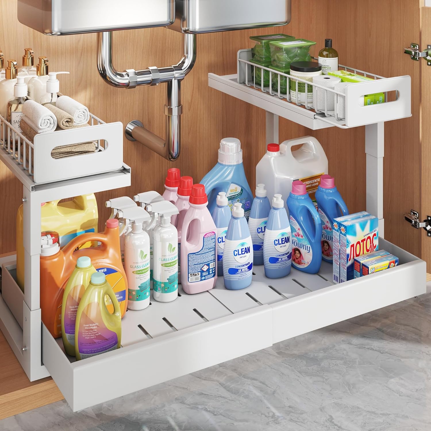 1 Pack-15.7"-25.7"W Expandable Under Sink Organizer With Upgrade Ball-Bearing Slide,2-Tier Pull Out