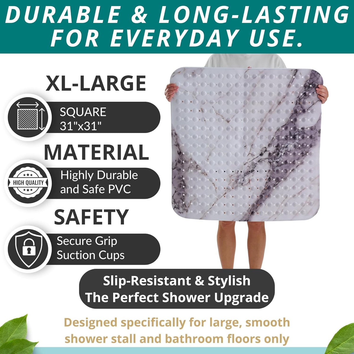 ENKOSI Extra Large Square Non Slip Shower Mat - 31 x 31-inch XL Bathroom Shower Mat - Square Shower