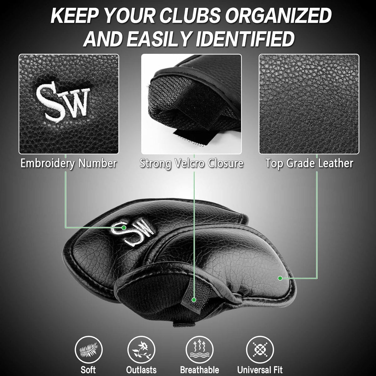 FINGER TEN Premium Synthetic Leather Stylish Iron & Wedge Golf Head Covers Value 12 Piece Set