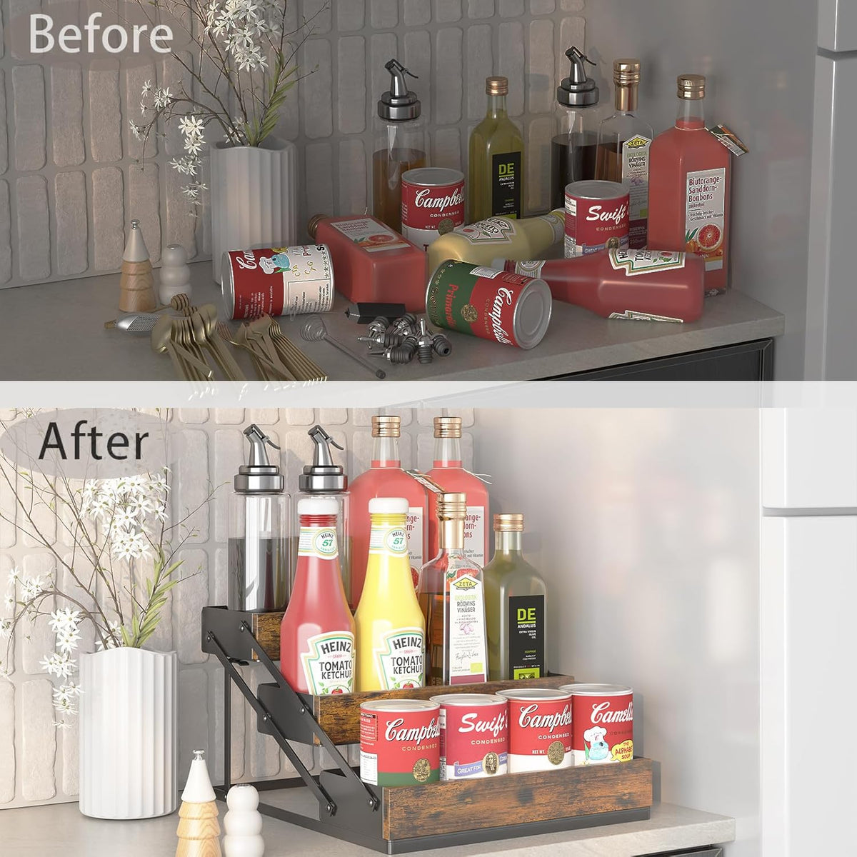 3 Tier Spice Rack Organizer for Cabinet, Foldable Spice Rack for Countertop, Cabinet Drawers Rustic
