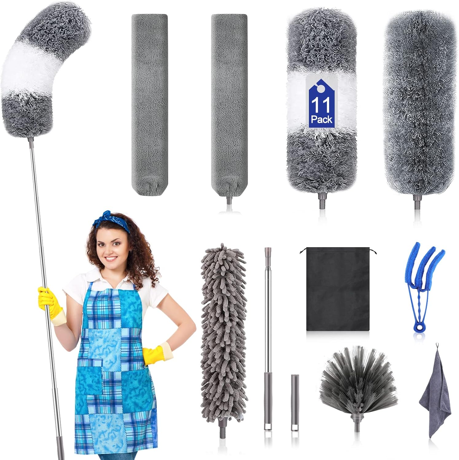 Microfiber Duster Kit (11PCS) - Washable Dusters with Extension Pole (30 to 100 in) for Cleaning