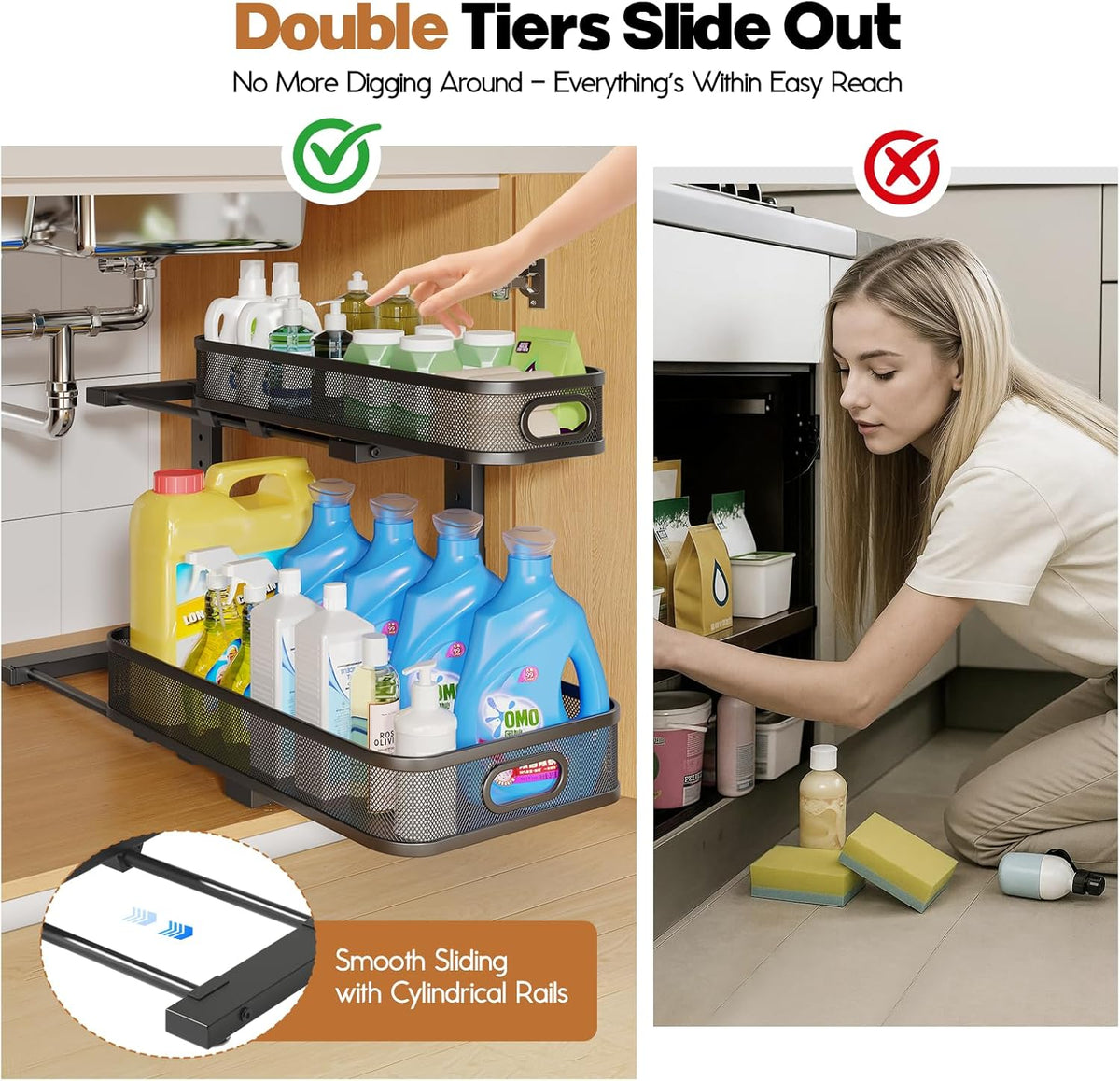 2 Pack 19.3IN-Depth Under Sink Organizer with Smooth Cylindrical Rail,2-Tier Pull Out Multi-Purpose