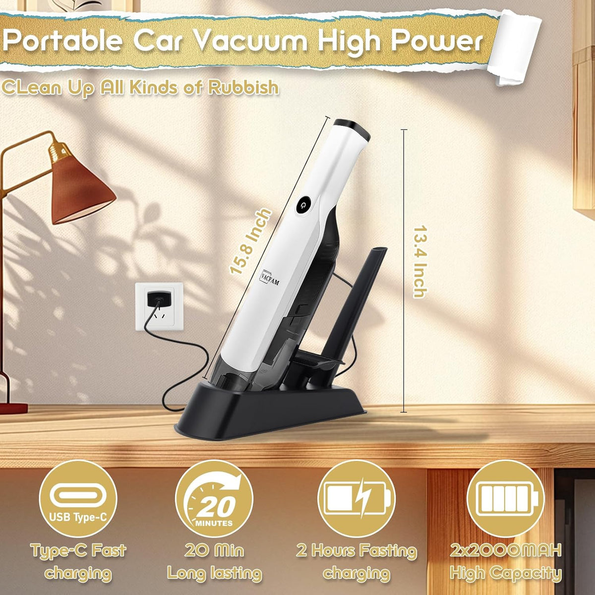 Handheld Vacuum Cordless,15KPA High Power Suction,USB Quick Charge,Car Vacuum Cleaner with Storage