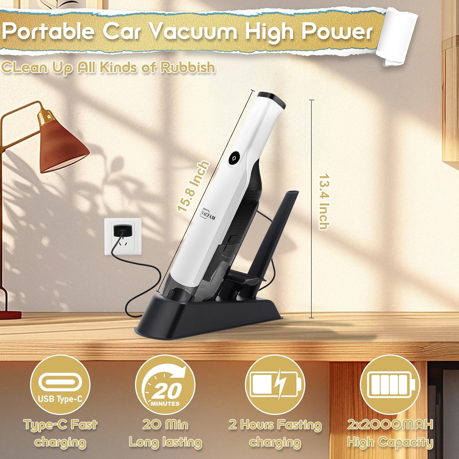 Handheld Vacuum Cordless,15KPA High Power Suction,USB Quick Charge,Car Vacuum Cleaner with Storage