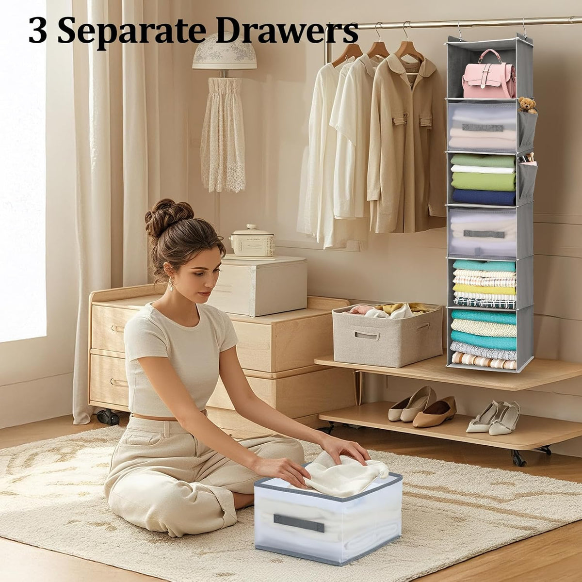 6-Tier Hanging Closet Organizer with Drawers and Side Pockets – Versatile Closet Storage for Shoes