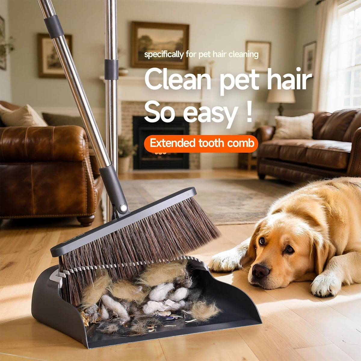 Broom and Dustpan Set for Home, Extra Brush Head & 51.6" Adjustable Long Handle, with Comb Teeth