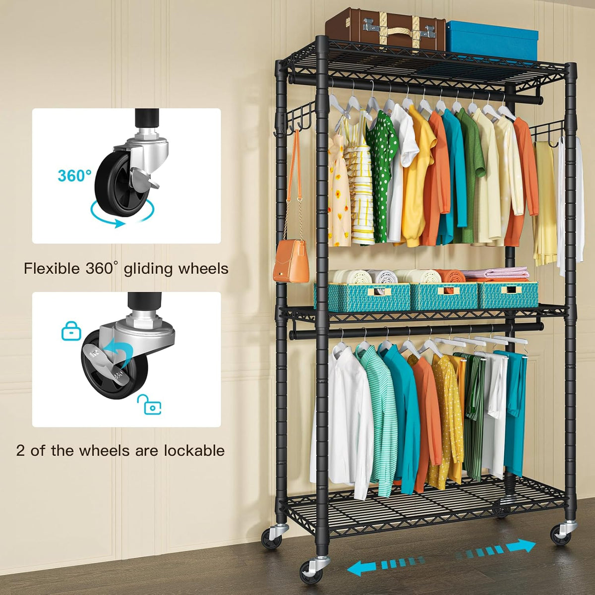 FUTASSI P1 Heavy Duty Garment Rack, 3 Tiers Adjustable Rolling Metal Closet Organizer with Lockable
