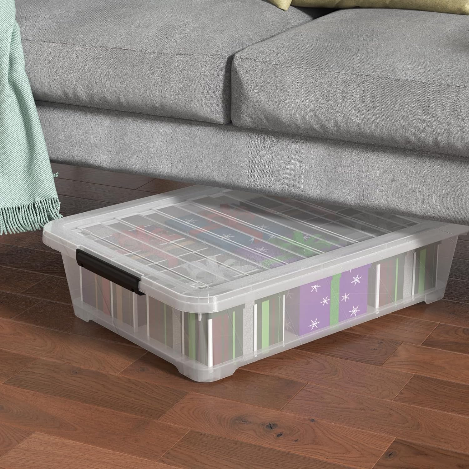 Set of 3 42 L Clear Plastic Under The Bed Storage Bins, Underbed Box with Latching Lid and Wheels