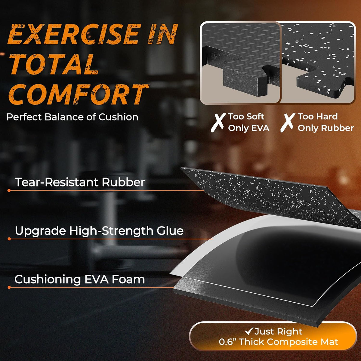 PRAISUN 0.6" Thicker Gym Mat, 12 Tiles 48 Sq Ft Workout Mats, Interlocking Foam Tiles with Rubber