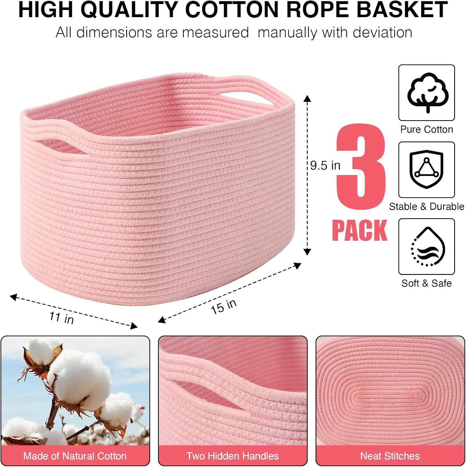 Storage Baskets for Organizing Shelves, Pink Basket for Nursery, Woven Cotton Rope Baskets for