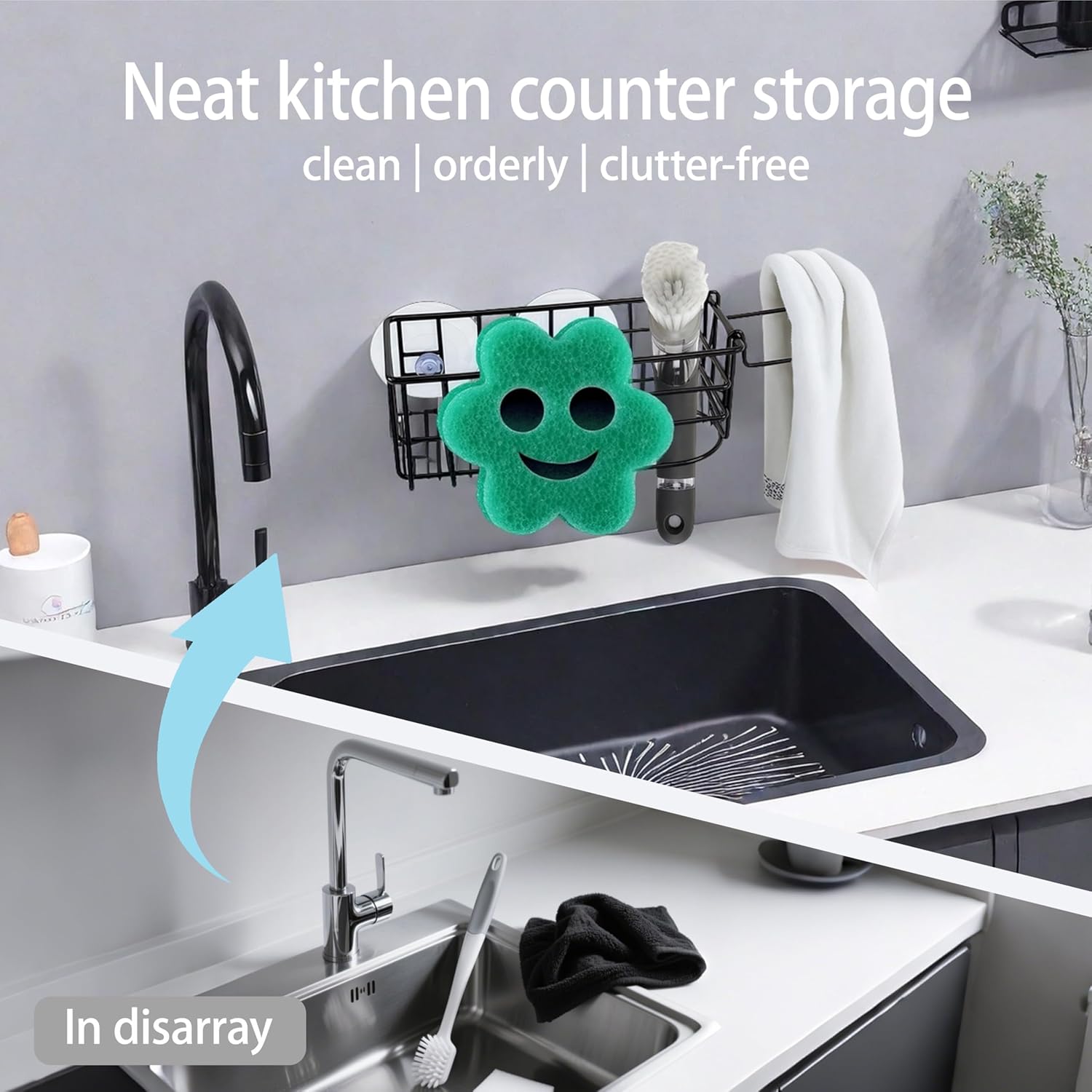Sponge Holder Smile Face with Dish Cloth Hanger for Kitchen Sink, In-sink Caddy Organizer with