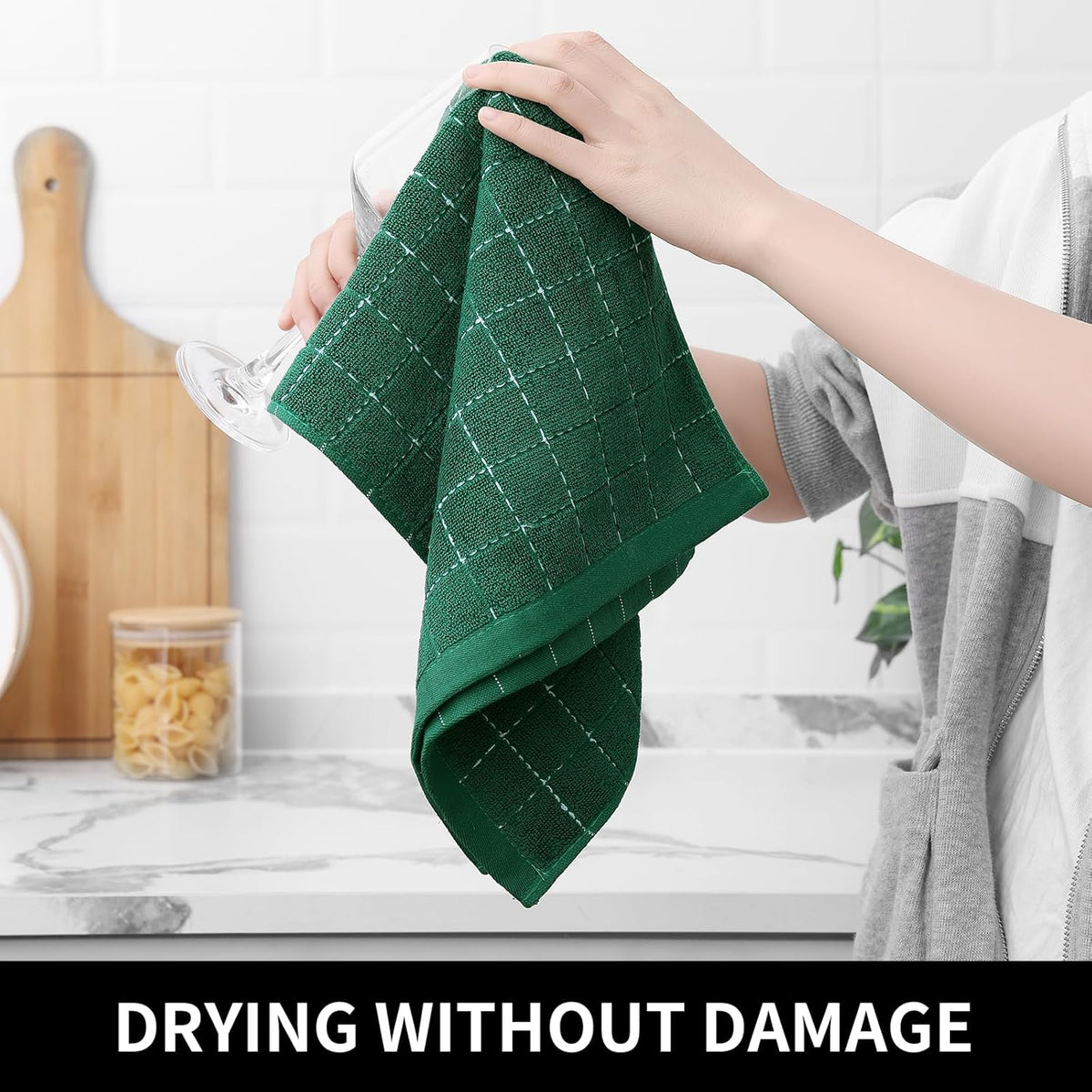 Homaxy 100% Cotton Terry Kitchen Towels(Dark Green, 13 x 28 inches), Checkered Designed, Soft and