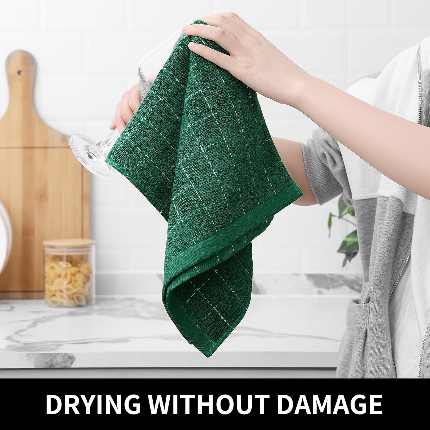 Homaxy 100% Cotton Terry Kitchen Towels(Dark Green, 13 x 28 inches), Checkered Designed, Soft and