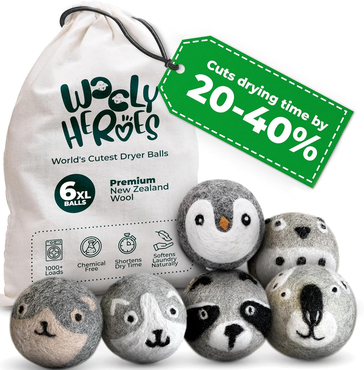 No More Dryer Sheets! Reusable Wool Dryer Balls XL 6-Pack - Reduces Static, Cuts Dry Time, &