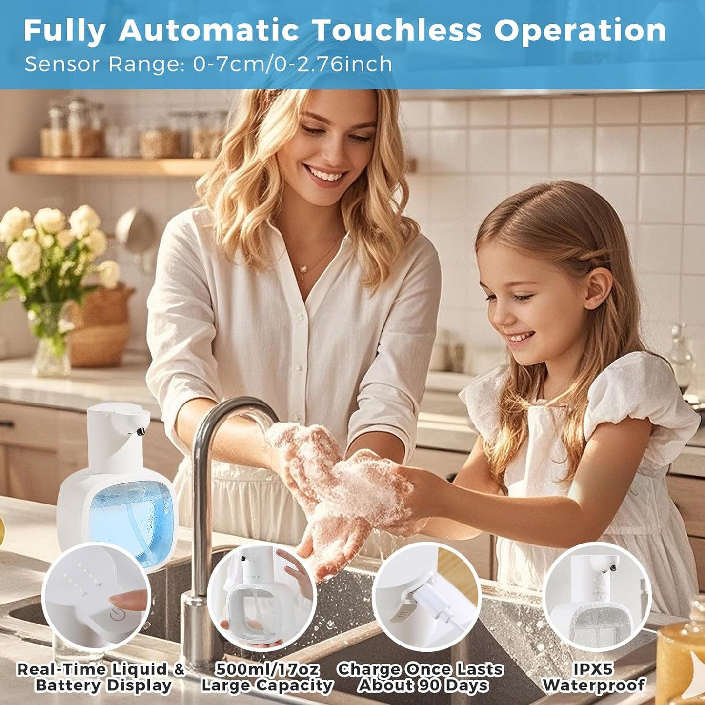 Automatic Liquid Soap Dispenser, 17oz/500ml Touchless Rechargeable with 4-Level Adjustable & IPX5