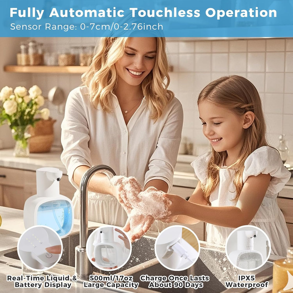 Automatic Liquid Soap Dispenser, 17oz/500ml Touchless Rechargeable with 4-Level Adjustable & IPX5