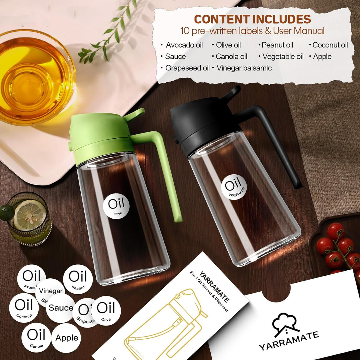 YARRAMATE 16oz/470ml Glass Olive Oil Sprayer for Cooking with Stickers, 2 in 1 Oil Dispenser for