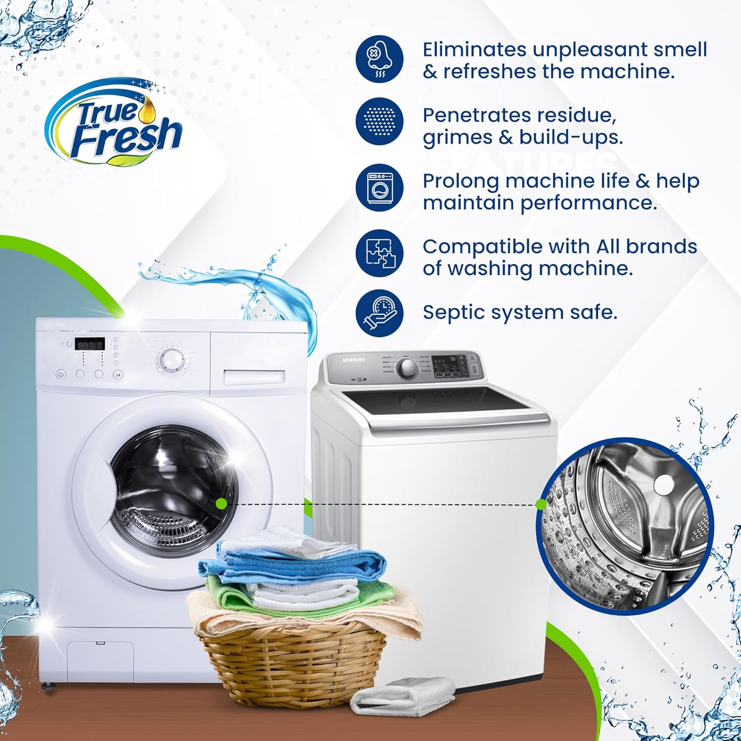 True Fresh Washing Machine Cleaner Tablets, 15 Solid Deep Cleaning Tablet, Finally Clean All