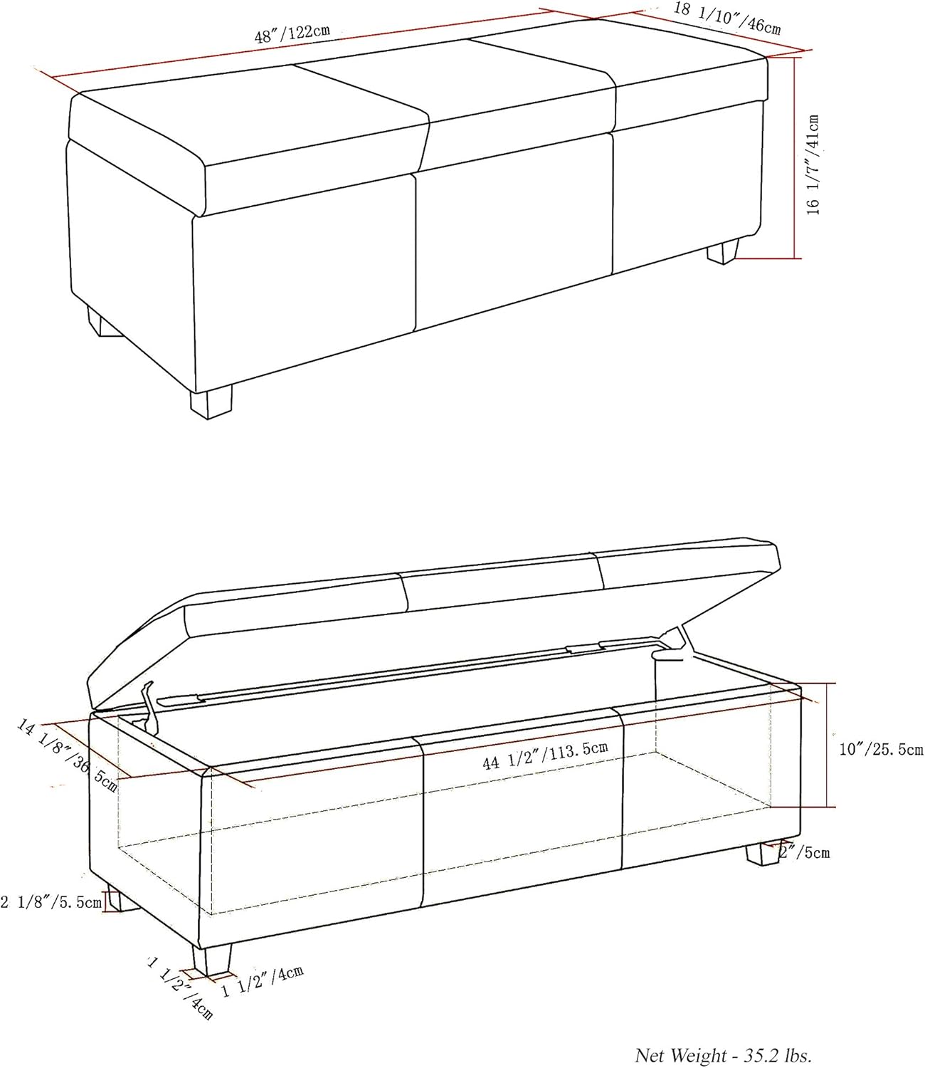 SIMPLIHOME Avalon 48 inch Wide Contemporary Rectangle Storage Ottoman Bench in Tanners Brown Vegan