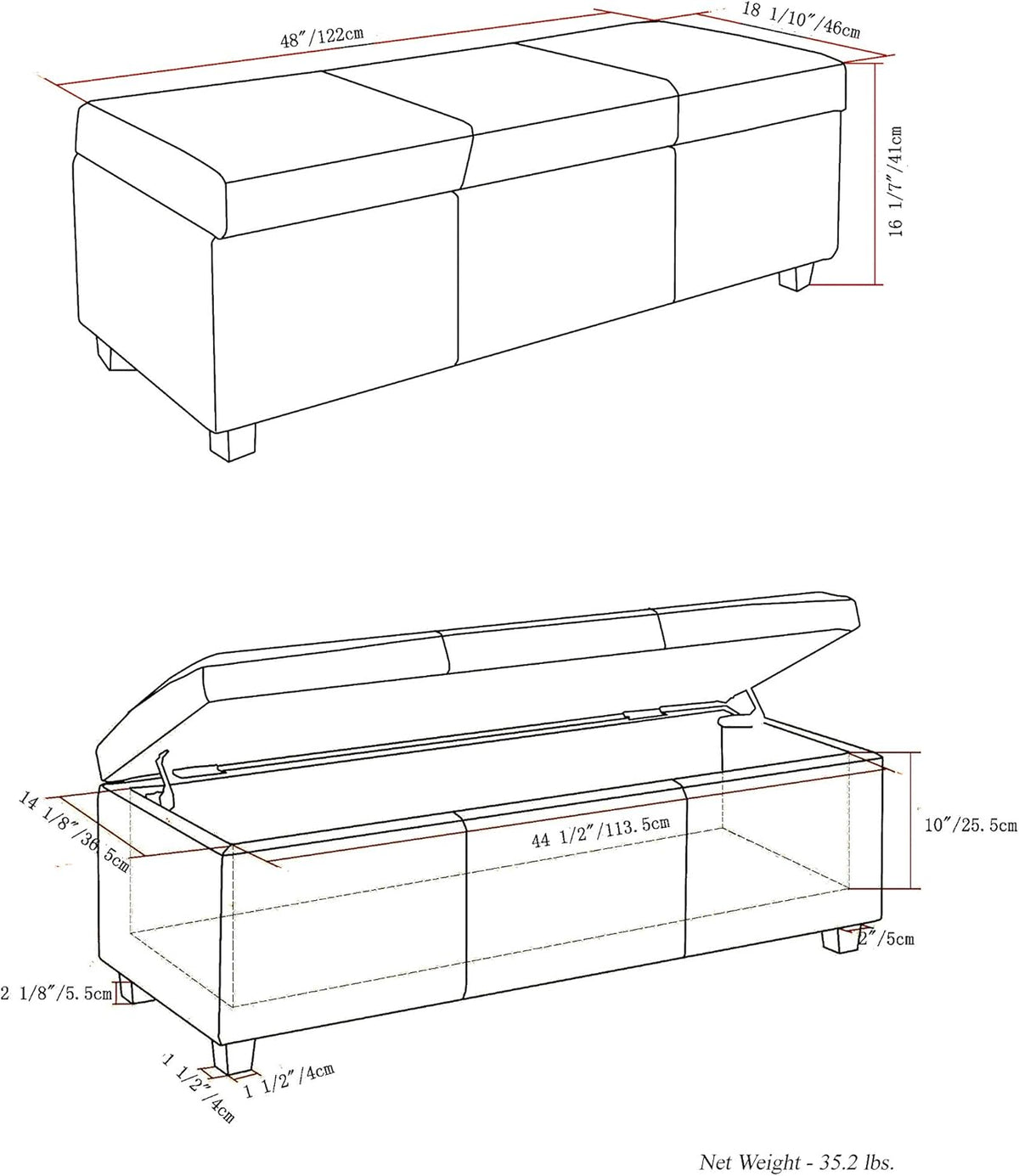 SIMPLIHOME Avalon 48 inch Wide Contemporary Rectangle Storage Ottoman Bench in Red Vegan Faux