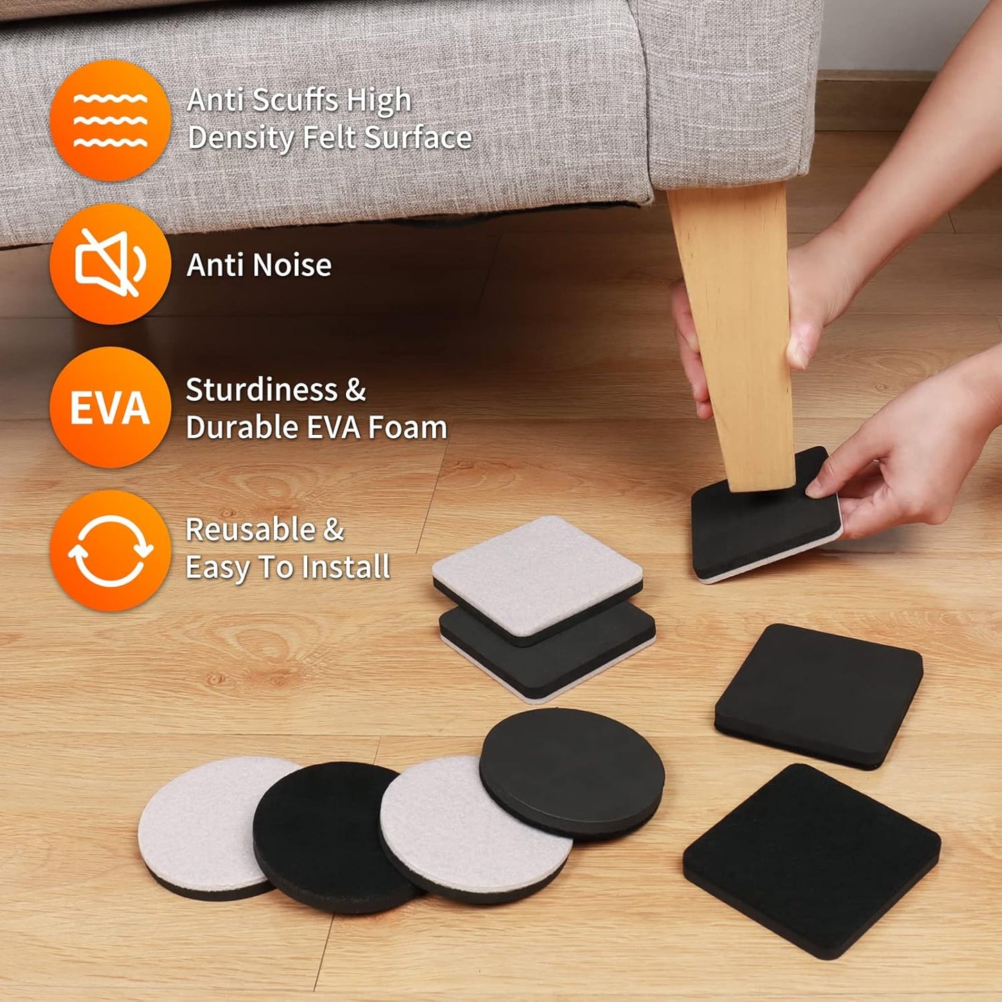 Ezprotekt 3.5" Felt Furniture Movers Sliders for Hardwood & Vinyl Floors, 16 Pcs Square Reusable