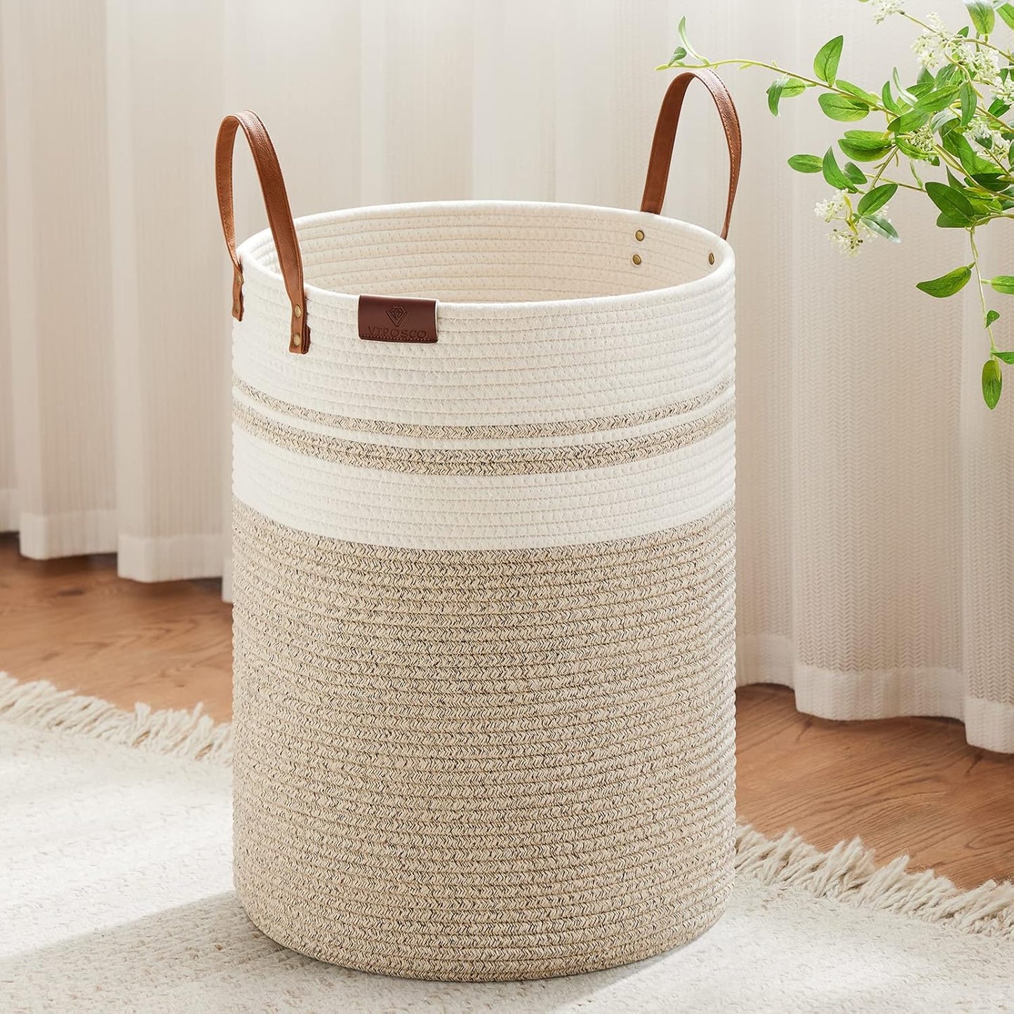 VIPOSCO Tall Laundry Basket, Large Dirty Clothes Hamper with Leather Handle, Woven Rope Storage