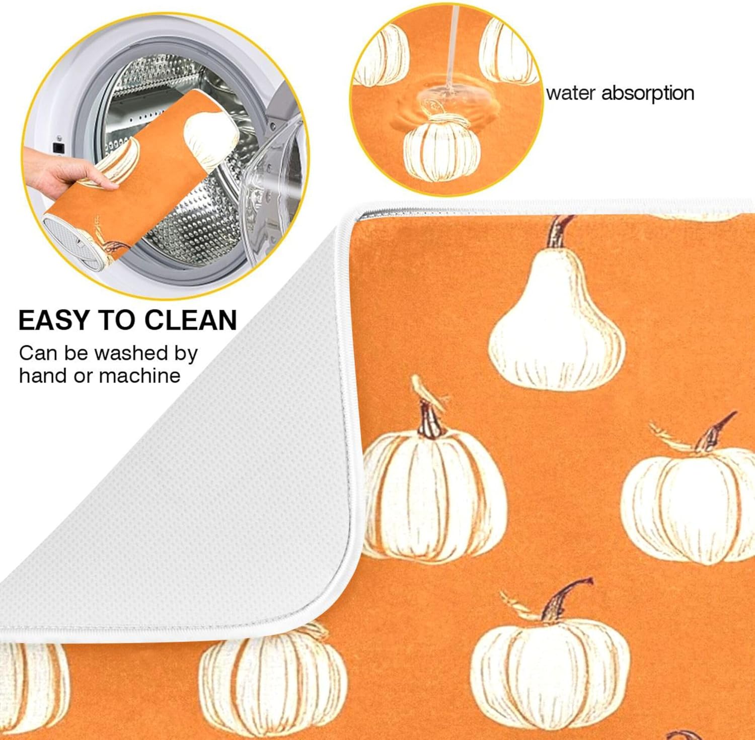 Hello Fall Burnt Orange Dish Drying Mat for Kitchen Countertop 16x18 Autumn Pumpkin Small Drying