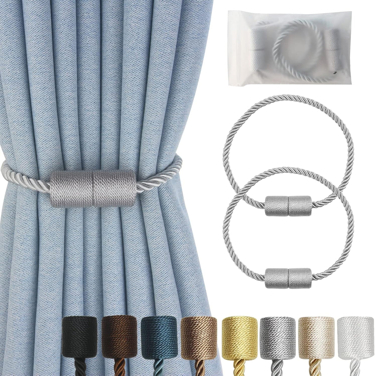 Magnetic Curtain Tiebacks 2 Pack Grey Curtain Rope Tieback Curtain Holders for Drapes Modern Tie