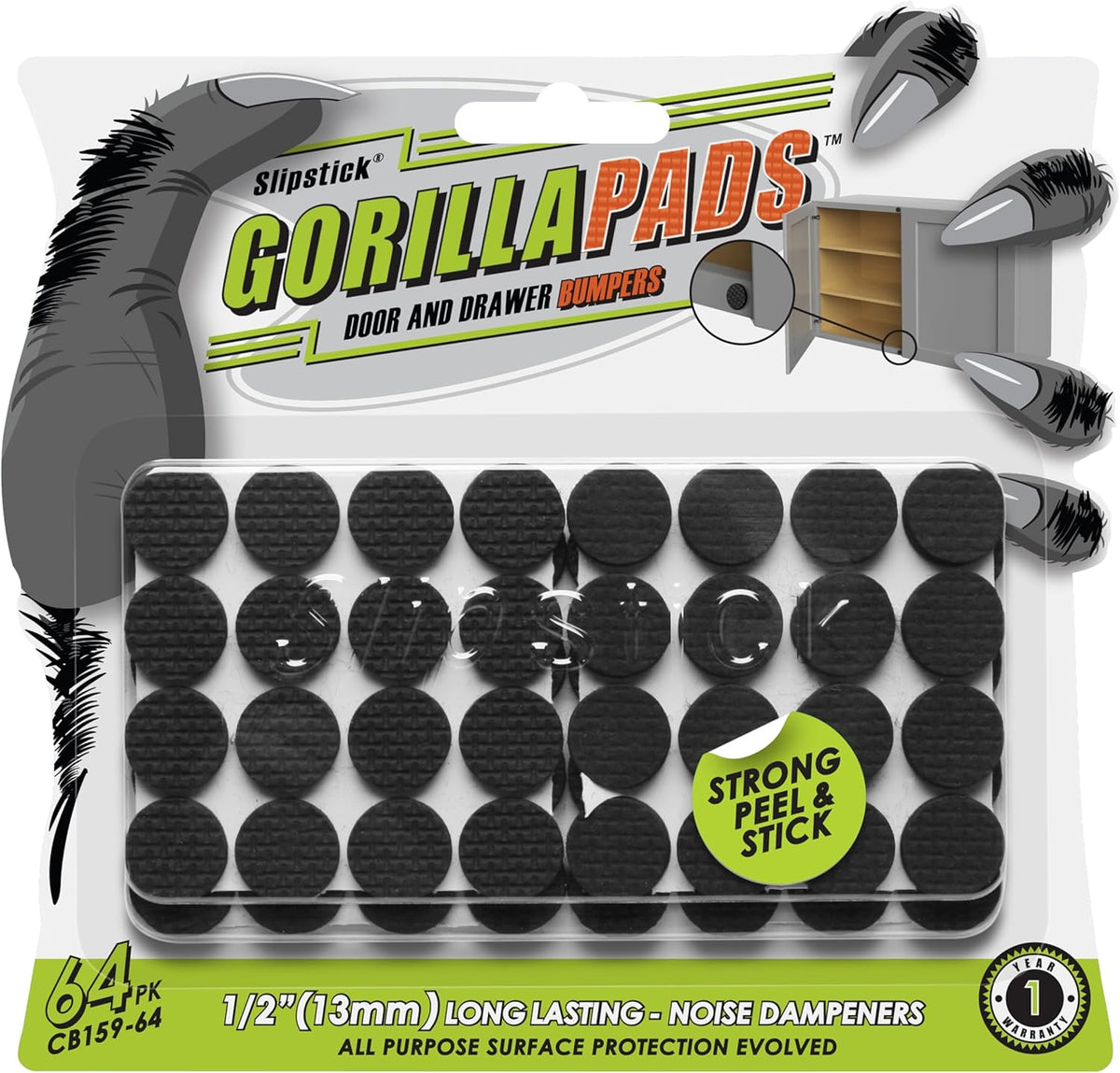 Slipstick GorillaBumperPads Premium 1/2” Rounds Adhesive Non Slip Pads/Bumpers (64 Gripper Dots)