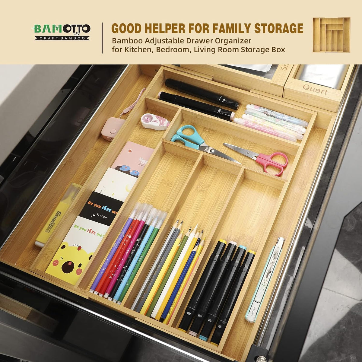 Expandable Bamboo Drawer Organizer – Large 20"x16.9" Size with Adjustable Dividers – for Kitchen