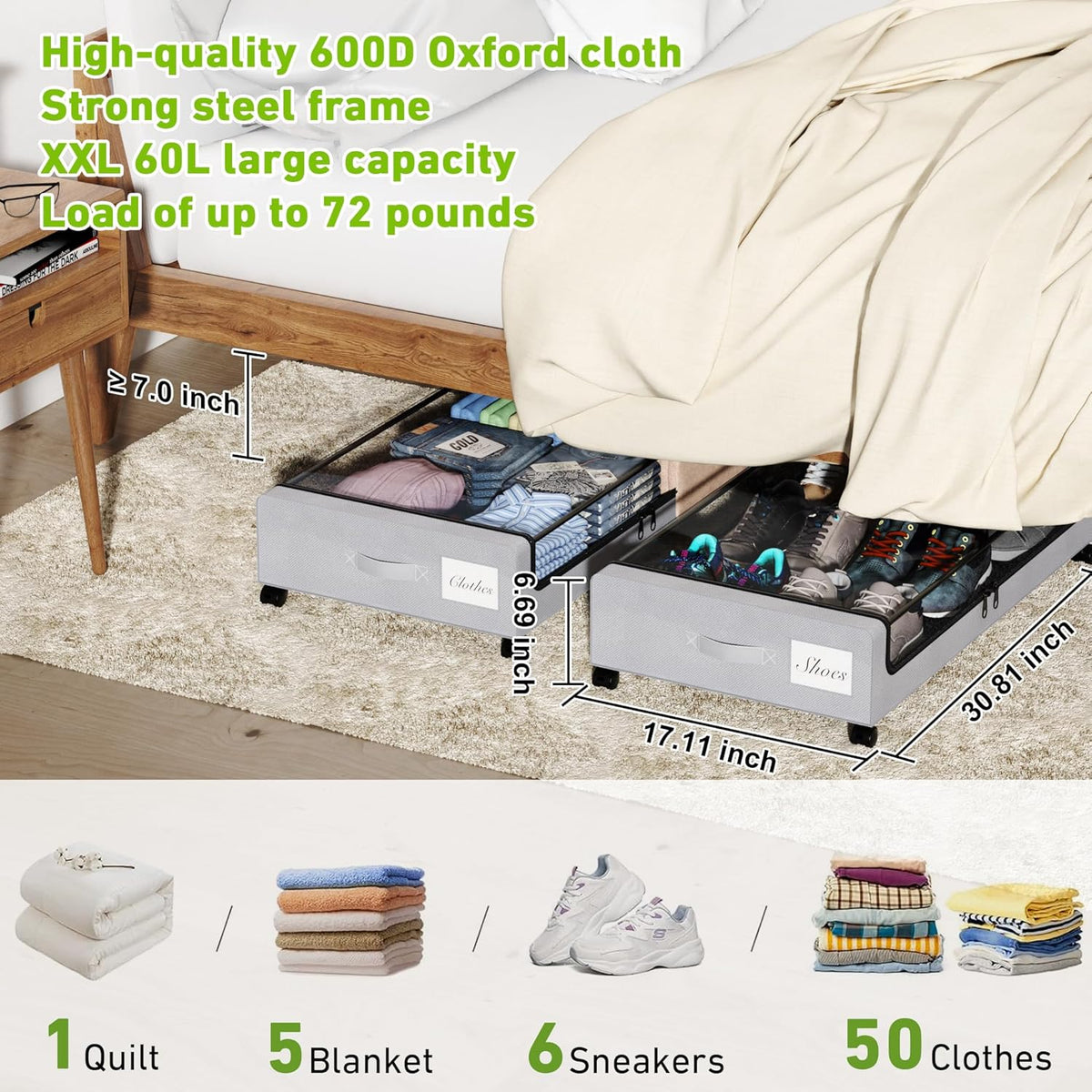 Under Bed Storage with Wheels, 2-Pack Under the Bed Storage Containers with Clear Lids & Label