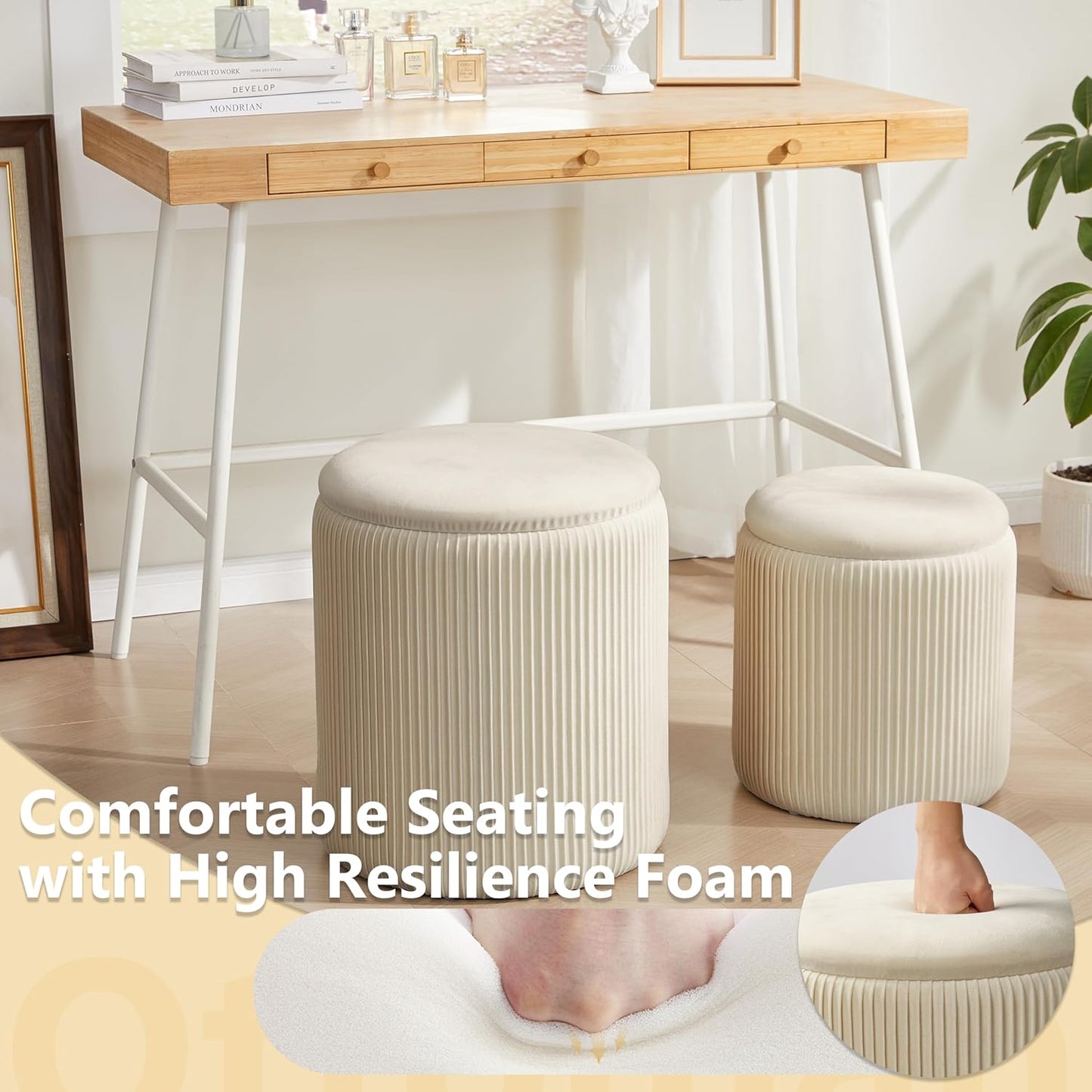 Round Ottoman with Storage Set of 2,Vanity Stool with Storage for Bedroom, Ottoman Coffee