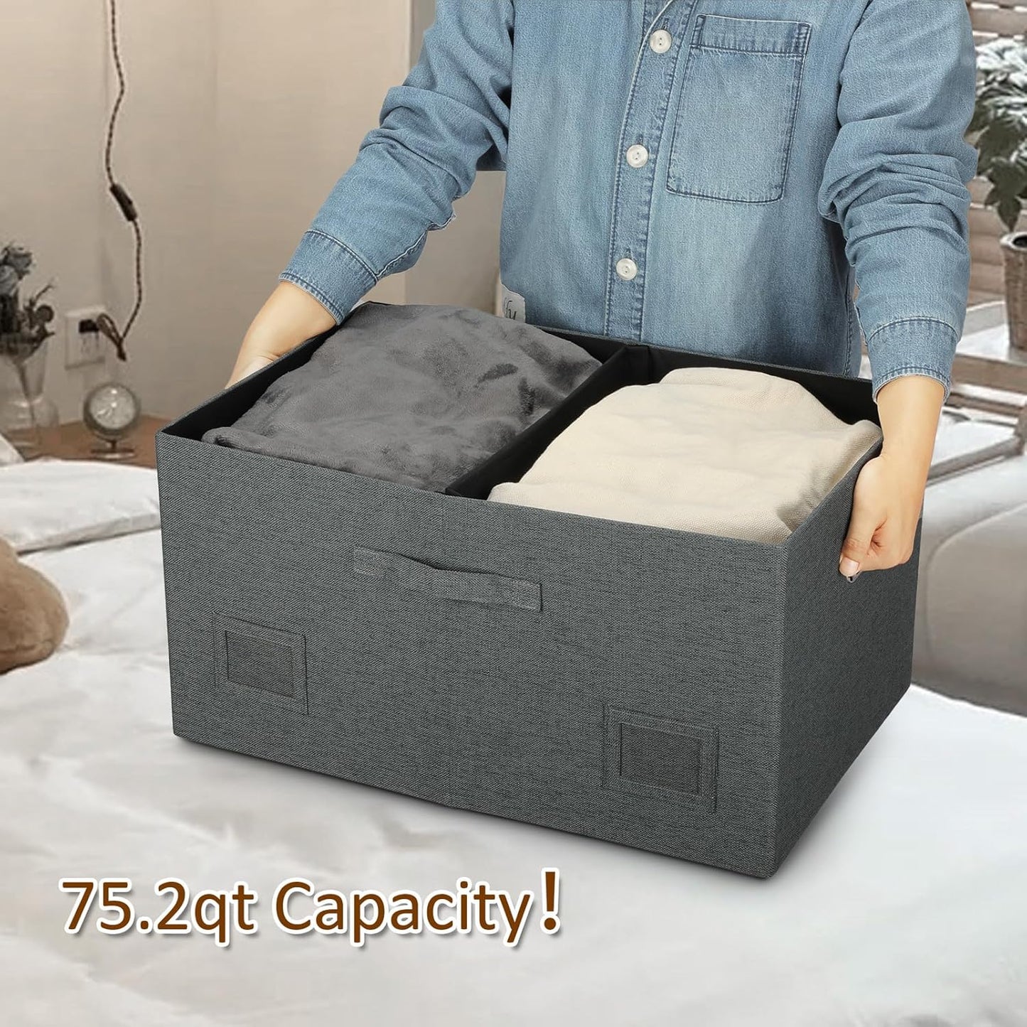 75 Quarts Extra Large Decorative Storage Bins with Lids, 3 Packs Dark Gray Collapsible Storage Bins