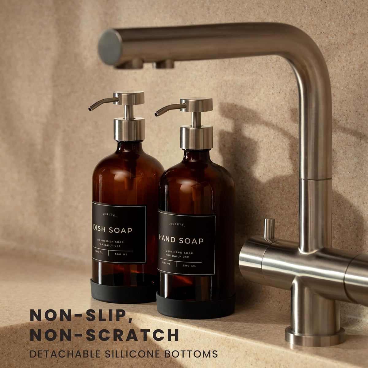 16oz Glass Soap Dispenser with Stainless Steel Pump, 21 Waterproof Labels, Non-Slip Protective