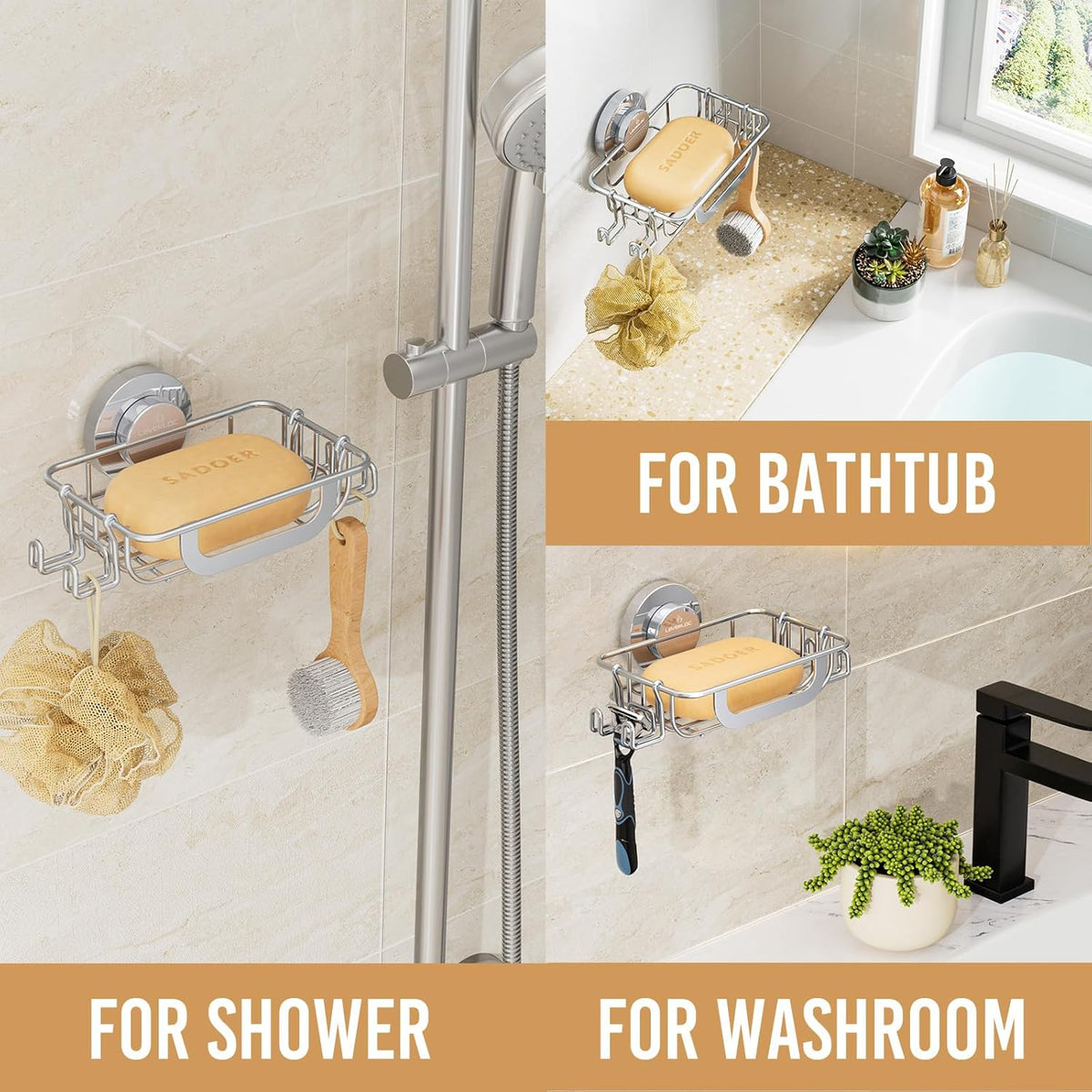 LEVERLOC Bar Soap Holder Dish with Hooks, Soap Tray Suction Cup Wall Mounted for Shower, Stainless