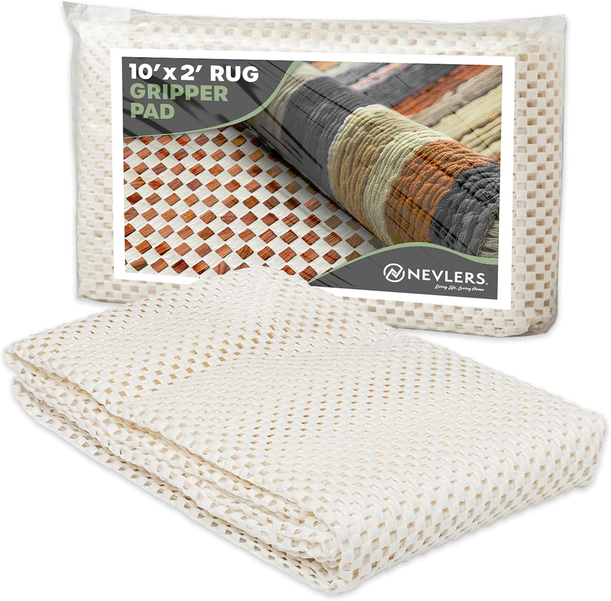 Nevlers 2 x 10 Ft Non Slip Rug Pad | Open Weave PVC Anti Skid Rug Gripper for Hardwood Floors &