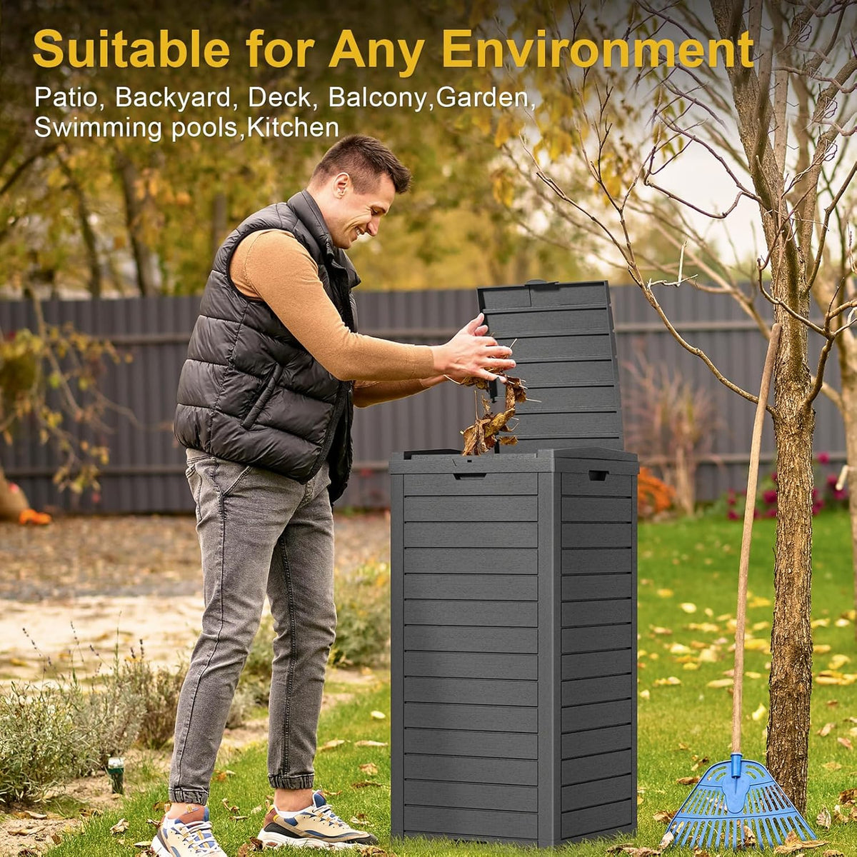 31 Gallon Outdoor Trash Can with Tiered Lid and Drip Tray,Waterproof Resin Waste Bin