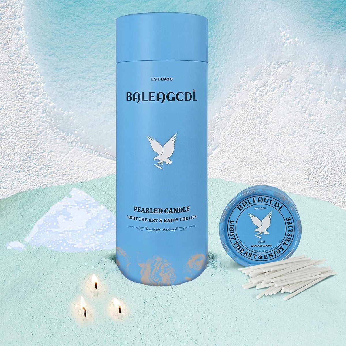 Sea Salt Scented Sky Blue Pearled Candle 18oz Luxury Sand Candle Granulated Wax - 30 Cotton Wicks
