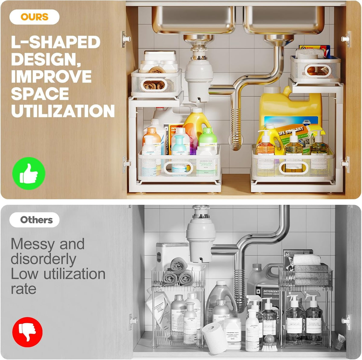 2-Pack Under Sink Storage Organizer with 2-Tier Slide Out Drawer, Sophisticated Mesh Pull Out Shelf