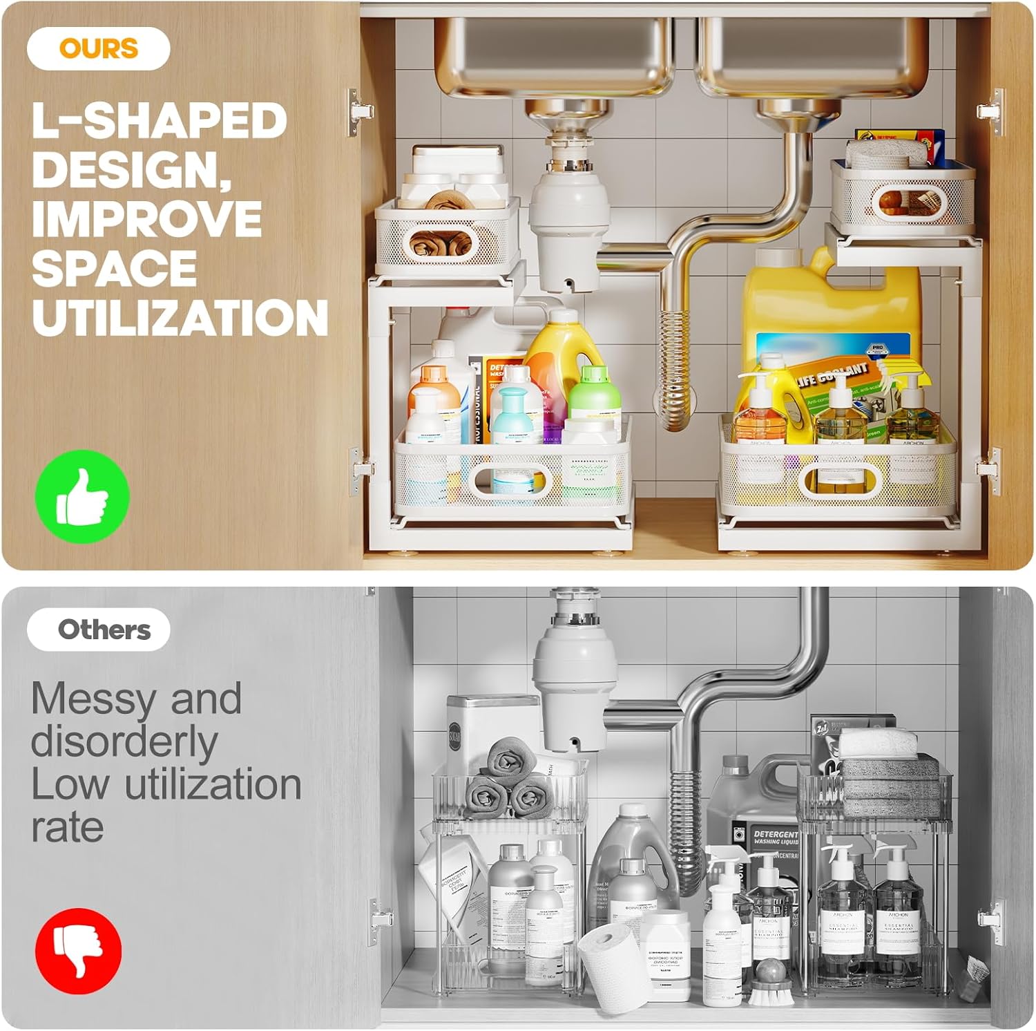 2-Pack Under Sink Storage Organizer with 2-Tier Slide Out Drawer, Sophisticated Mesh Pull Out Shelf