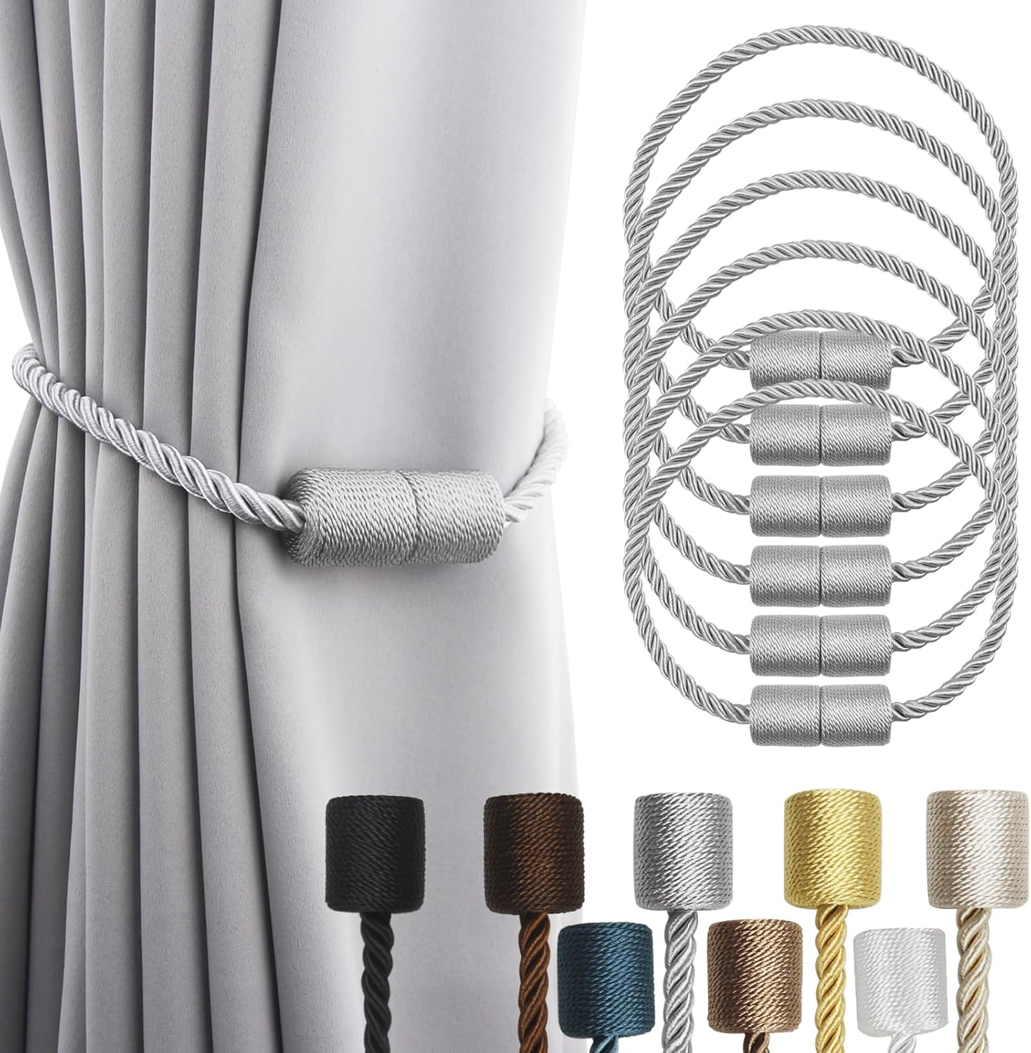 6 Pack Grey Strong Magnetic Curtain Tiebacks Outdoor Elegant Decorative Tie Backs Modern Rope