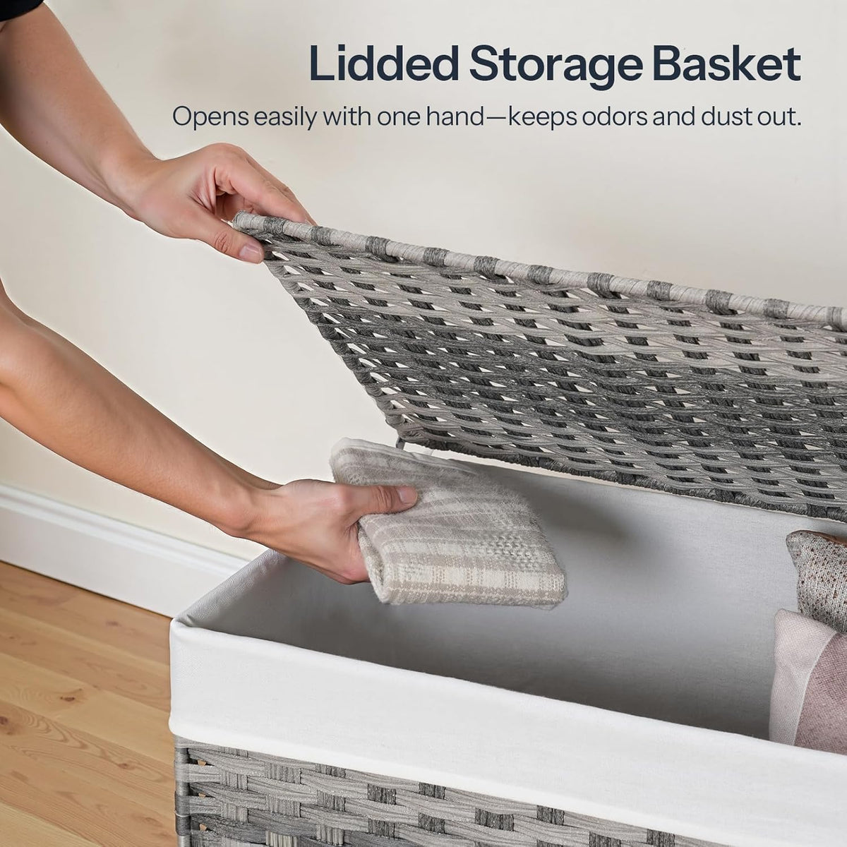 HOOBRO Storage Basket with Lid, 52.8 Gallon (200L) Wicker Basket, Handwoven Blanket Storage Basket