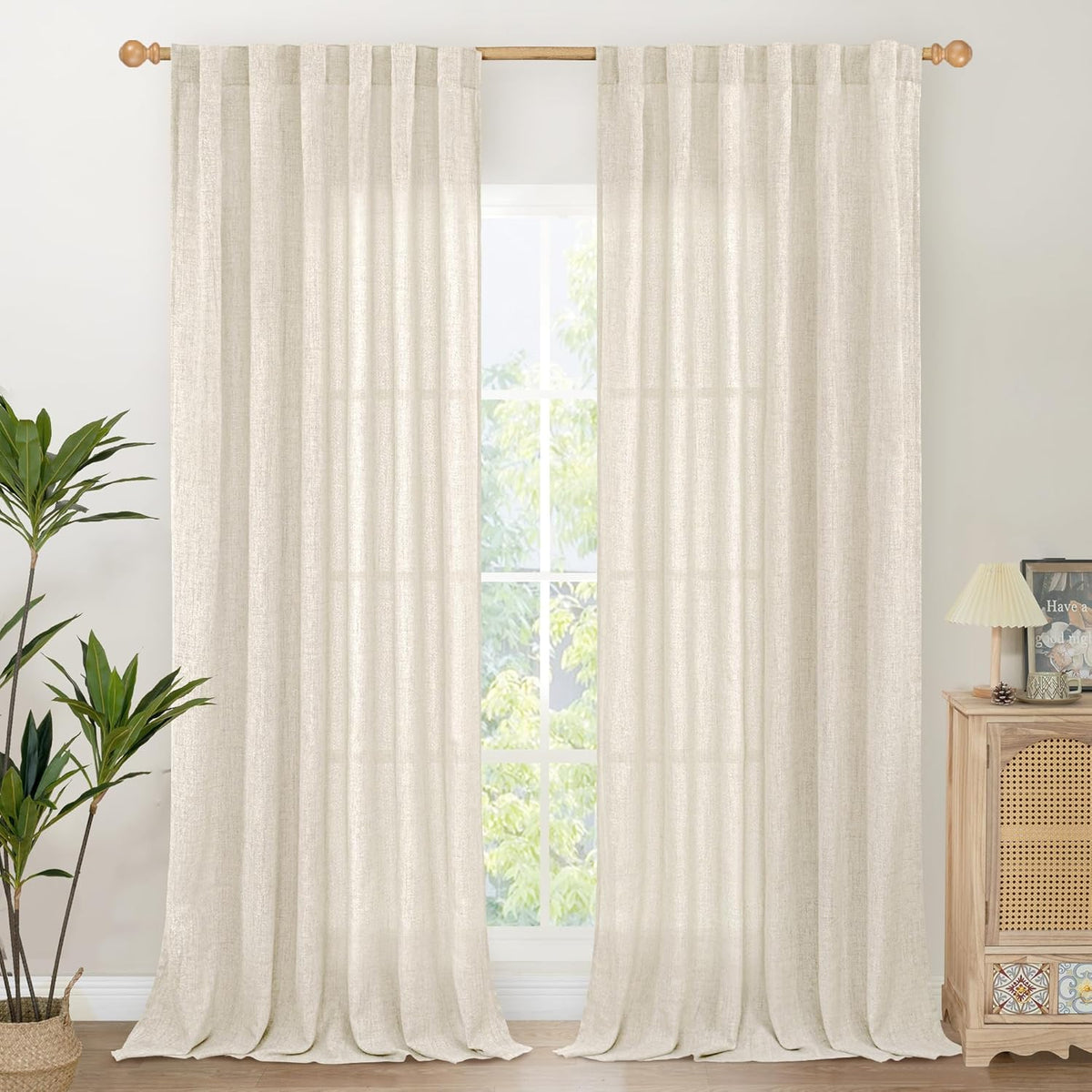 YoungsTex Linen Curtains 95 Inch Length for Living Room 2 Panels, Cream Semi Sheer Window